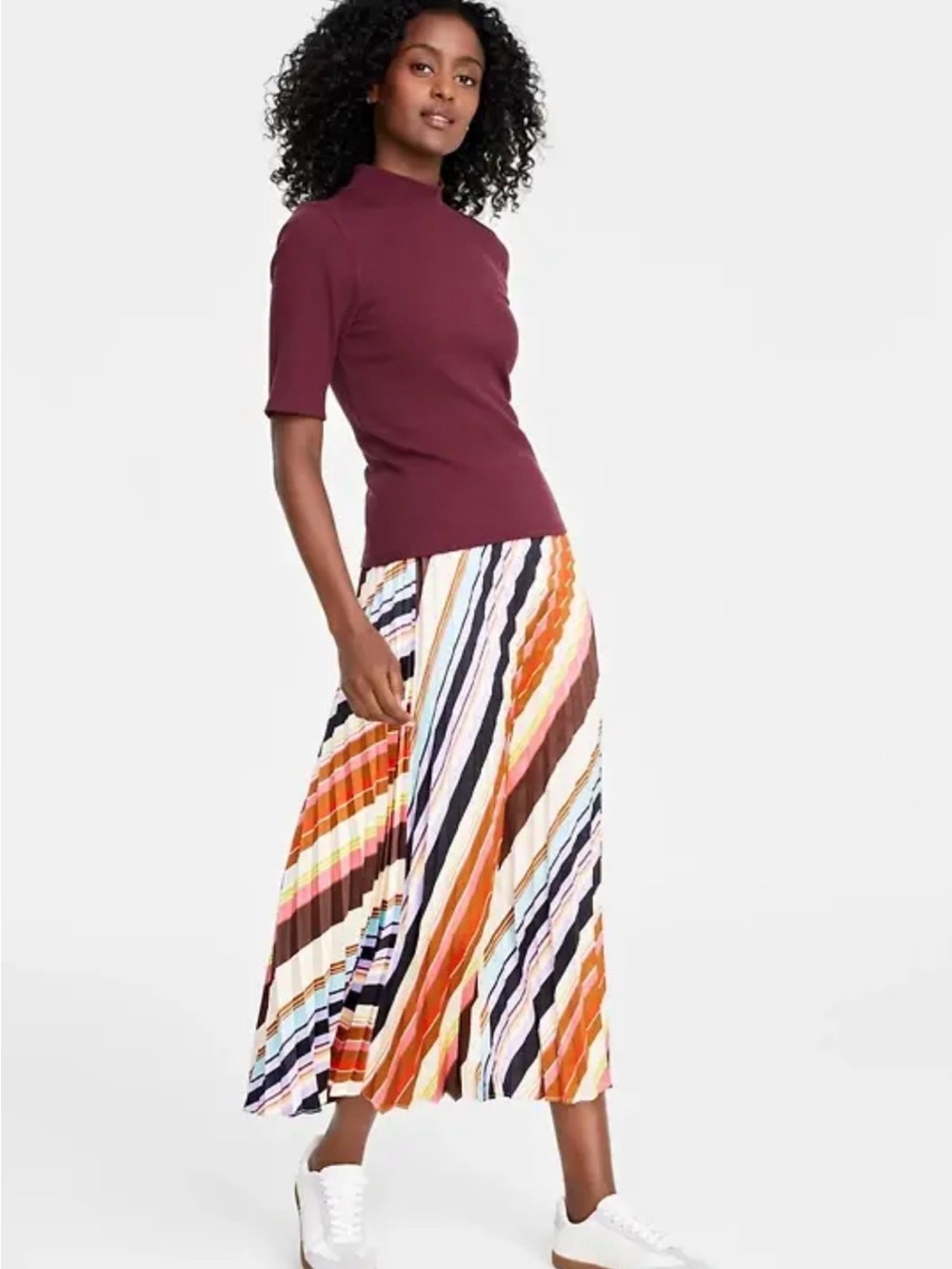 Striped Pleated Midi Skirt in Multi-Color NWT